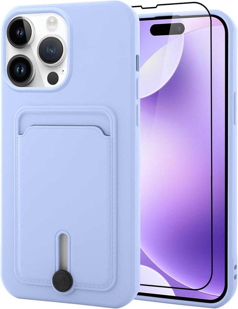 MZELQ TPU Wallet Compatible with iPhone 15 Pro Case, Card Holder Camera Protection Cover + Screen Protector, Push-able Slot for Girls Women -Purple