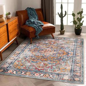 Washable Area Rug 5'x7' Retro Boho Chic Medallion Distressed Design Living Room Indoor Non-Slip Large Oriental Accent Throw Rug for Kitchen Bedroom Office Carpet (5' x 7' (Rectangular), Blue and Yellow)