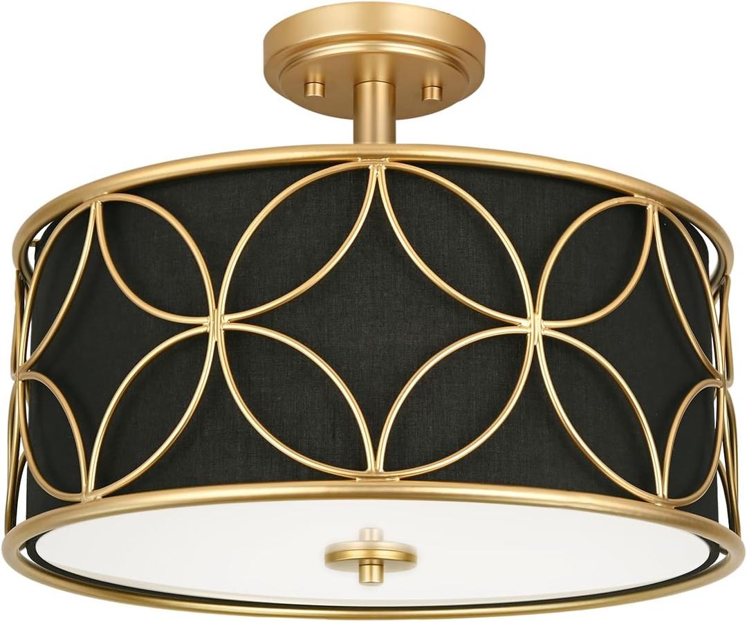 Edwarmlux 3-Light Semi Flush Mount Ceiling Light, 16" Drum Light with Fabric Shade, Modern Close to Ceiling Lamp for Living Room Bedroom Dining Room Kitchen Hallway Entry Foyer (Black Gold)