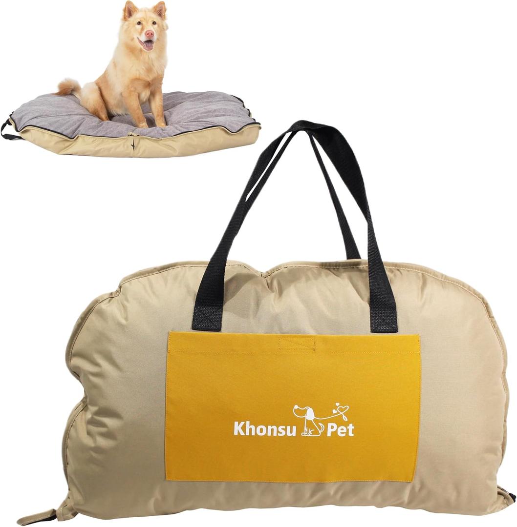 Portable Foldable Dog Bed for Travel Camping and Outdoor Dog Mat with Waterproof Cover& Fluffy Lining- Easy Clean, Durable - S (Khaki)