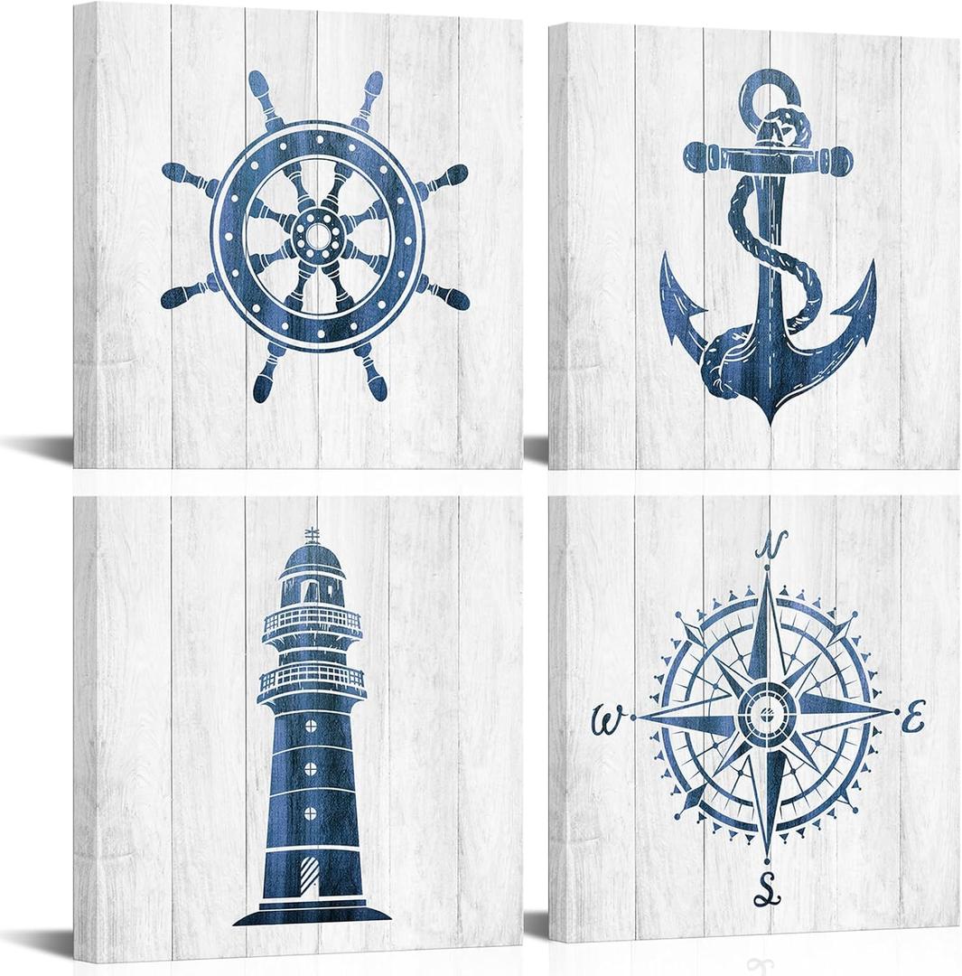 VANSEEING Nautical Wall Art Beach Themed Anchor Lighthouse Bathroom Decor Boat Helm Painting Pictures Print on Canvas Blue Grey Artwork Ready to Hang for Bathroom Living Room 12x12 Inchx4 Panels