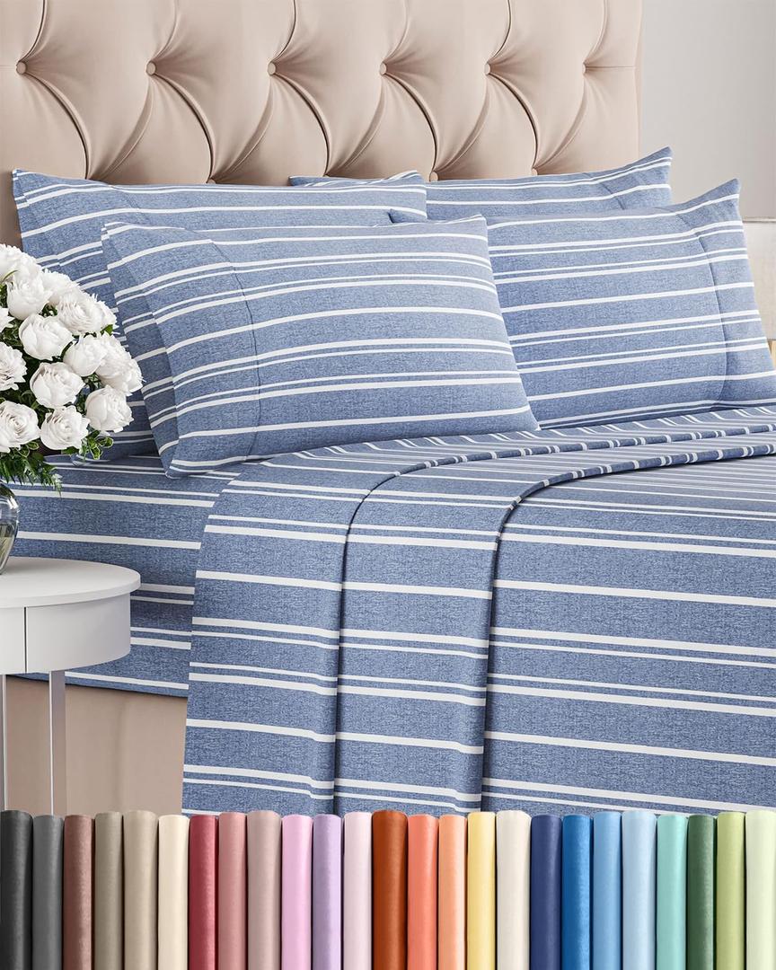 Queen 6 Piece Sheet Set - Comfy, Breathable & Cooling - Soft Hotel Luxury Bedding for Women, Men, Kids, Teens and Children - 1 Flat & 1 Fitted Sheet & 4 Pillowcases with Deep Pockets - Blue Stripes 3