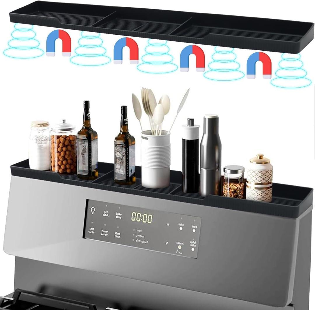 Silicone Magnetic Over the Stove Shelf for Back of Stove - Magnetic Stove Top Shelf and Over Stove Shelf, Over Oven Shelf for Top of Stove, Over the Stove Spice Rack, Includes 6 Extra Plates (Black)