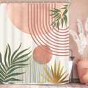 KOMLLEX Mid Century Pink Green Boho Shower Curtain 60Wx72L Inches Abstract Modern Shower Curtains for Bathroom Orange Gold Botanical Minimalist Arch Sun Fabric Liner Waterproof Polyester 12 Pack Hooks