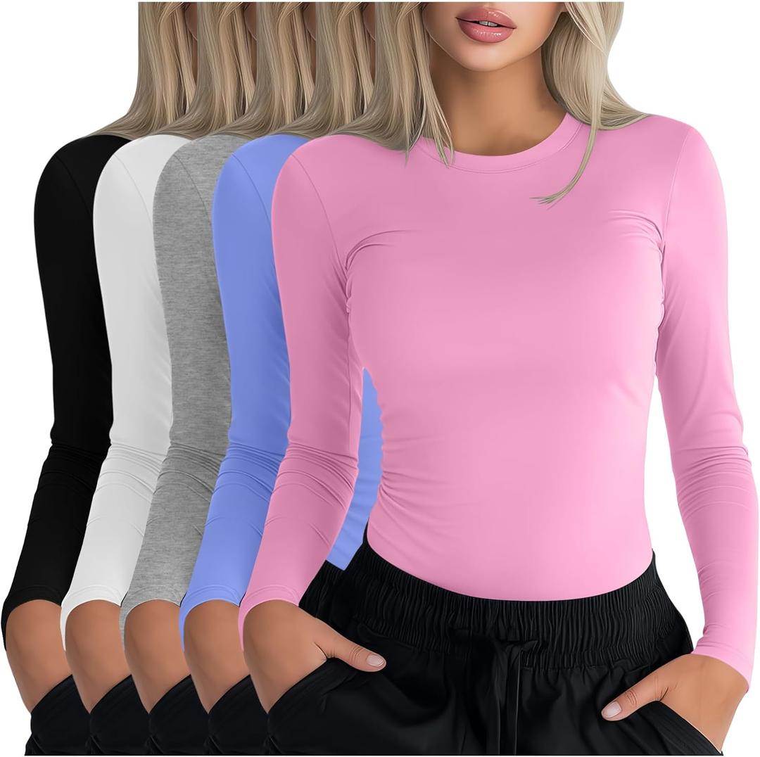 Oakgarden 5 Pack Womens Underscrub Long Sleeve Shirts Slim Fit Crew Neck Tops Basic for Nurse with Soft Fabric (Small, Black, White, Light Mixed Gray, Periwinkle, Pink) Small