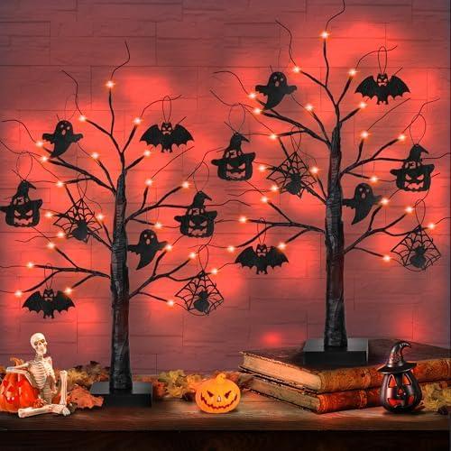 2 Pack 24 Inch Black Halloween Tree with 24 LED Orange Lights, Timer/USB/Battery Operated Lighted Halloween Table Decorations Tree, Spooky Halloween Decorations Indoor Home Decor Party Room