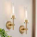 [Hardwired] Wall Sconces Set of Two, Brushed Gold Bathroom Sconces with Clear Glass, Modern Wall Light Fixtures for Bathroom Mirror Vanity, Living Room, Bedroom, Hallway, Stairway, Cabinet, Foyer