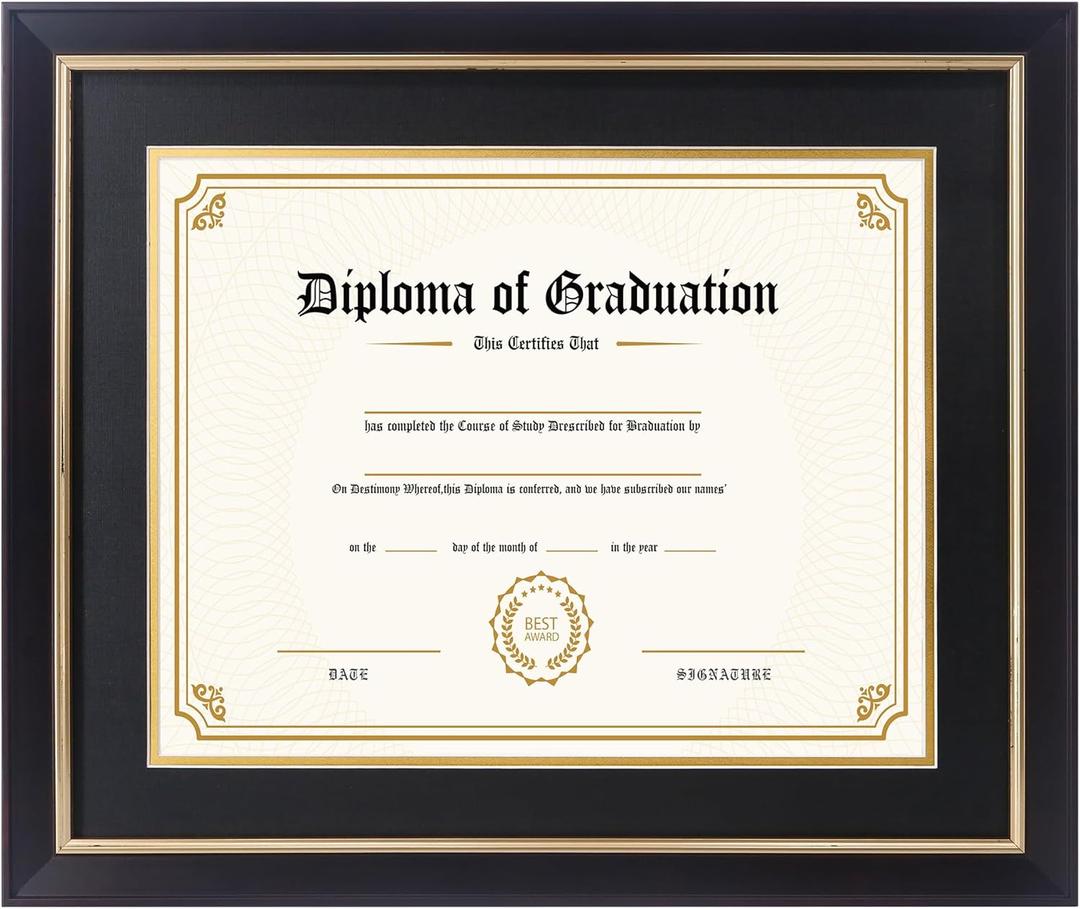 11x14 Diploma Frame with Black over Gold Mat, 14x17 Certificate Frame, Real Wood with Gold Trim, Black Frame with Arcylic