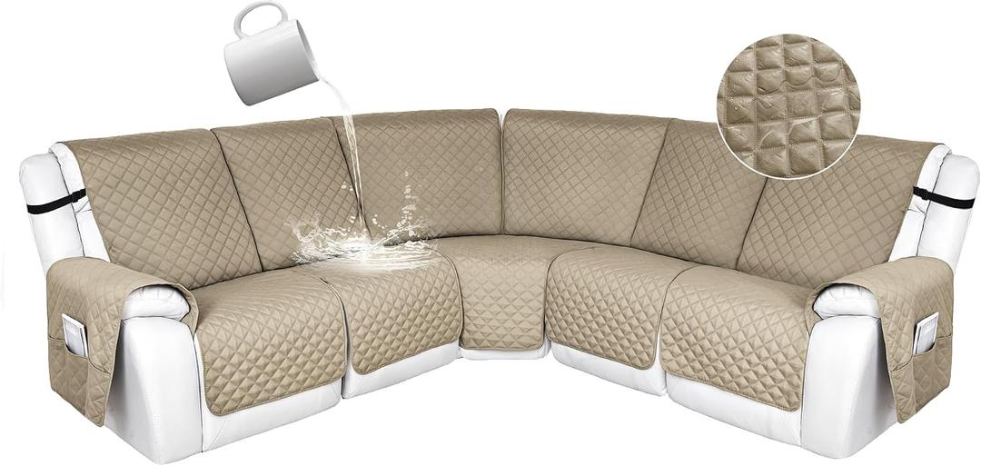 HDCAXKJ 100% Waterproof Reclining Sectional Couch Covers L Shape Recliner Sofa Cover Washable Quilted Soft Pet Dog Corner Recliner Slipcovers with Pockets (5 Seat Recliner Couch, Light Khaki)