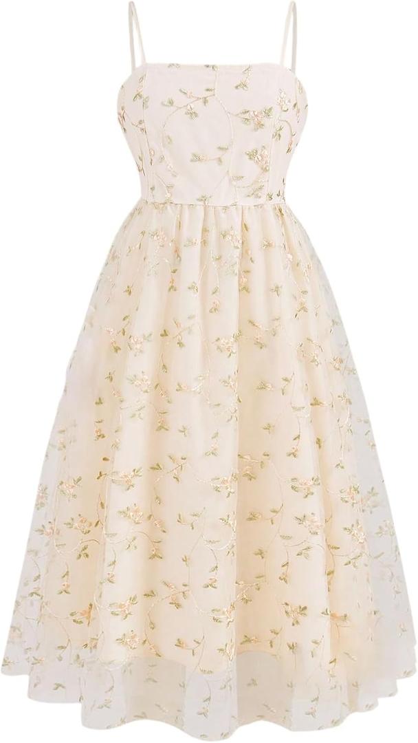 Girls' Floral Embroidery Mesh Midi Dresses Elegant Flowy Summer A Line Cami Dress (Yellow, 11Y)