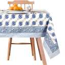Handcrafted Hand Block Print Tablecloth 6 Seater Rectangle 60x90 Inch - Floral Canvas Cotton - Fall & Holiday Dinner Collection - Washable Reusable Sustainable Gift-Boxed - Blue & White (Blue Dutch Delft Blossoms)