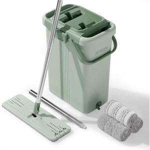 JOYMOOP Mop and Bucket with Wringer Set, Flat Squeeze Mop with Bucket (X-Large), Dust Mop for Wall Cleaner with Long Handle, Microfiber Mop - Green Bucket with 3 Reusable 15" Pads