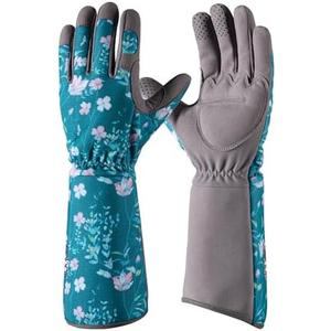 COOLJOB Thorn Proof Rose Pruning Garden Gloves for Women, Long Sleeve Padded Yard Work for Bush, Blackberry, Cactus, Heavy Duty/ Puncture Resistant/ Machine Washable, Large, Green Floral