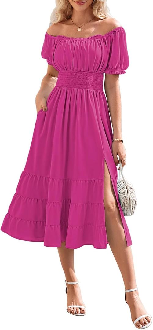 Linsery Women's Summer Square Neck Short Puff Sleeve Casual Smocked Flowy A Line Tiered Split Midi Dress (Pink, L)