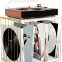 Emfogo Vinyl Record Storage, Metal & Wooden Vinyl Record Holder Up to 80 Album, 3-Compartment Record Player Stand for Magazine, Book, Files, Albums (White)