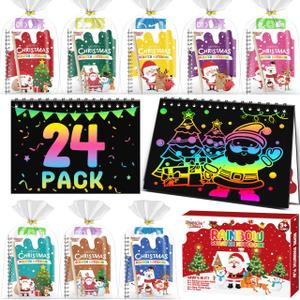 FEREDO KIDS Party Favors for Kids: 24 Pack Christmas Rainbow Scratch Art Notebook Classroom School Supplies Bulk for Girls Boys Goodie Bags Stuffers, Return Gifts for Birthday Party Gift Kid Crafts