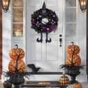 Halloween Wreath for Front Door 26" Tinsel Black Witch Wreath with Hat Legs and Purple Pumpkin for Fall Autumn Indoor Window Door Thanksgiving Halloween Decorations