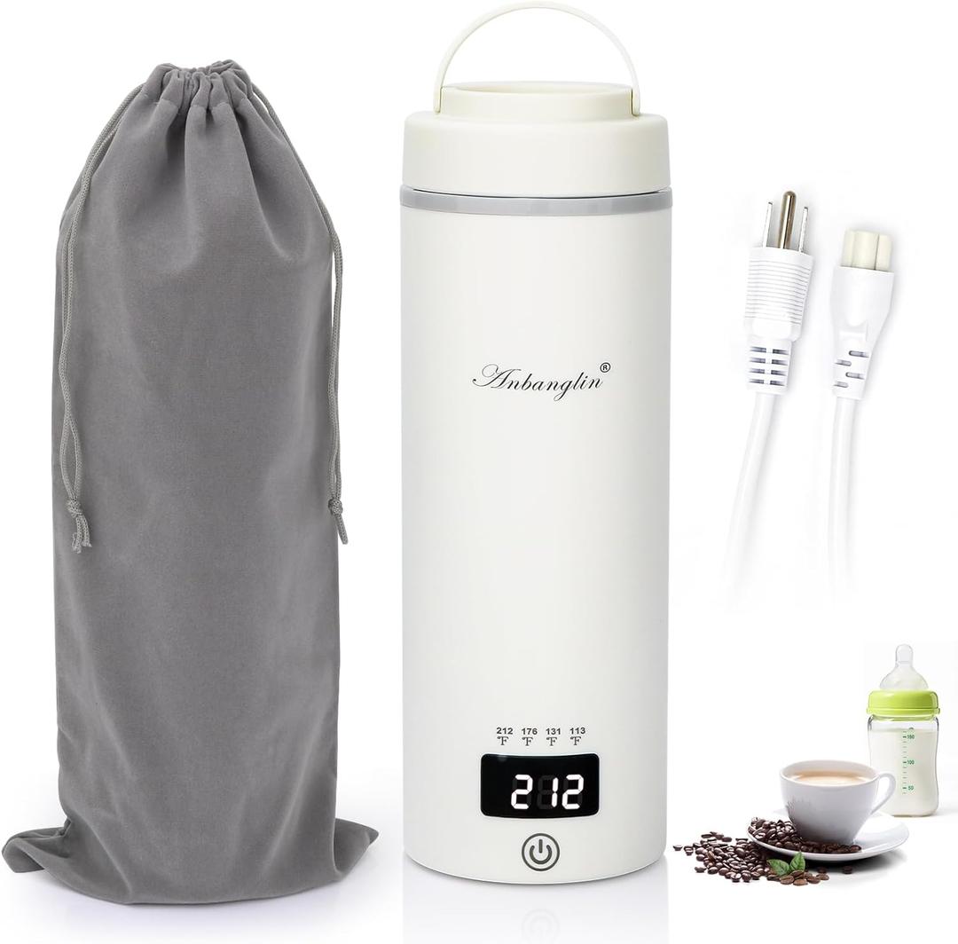 Anbanglin Travel Electric Tea Kettle, 500ML Small Water Boiler Kettle Electric with 4 Temp Settings, Auto ShutOff & Boil Dry Protection, 304 Stainless Steel Portable Bottle Warmer for Travel, White