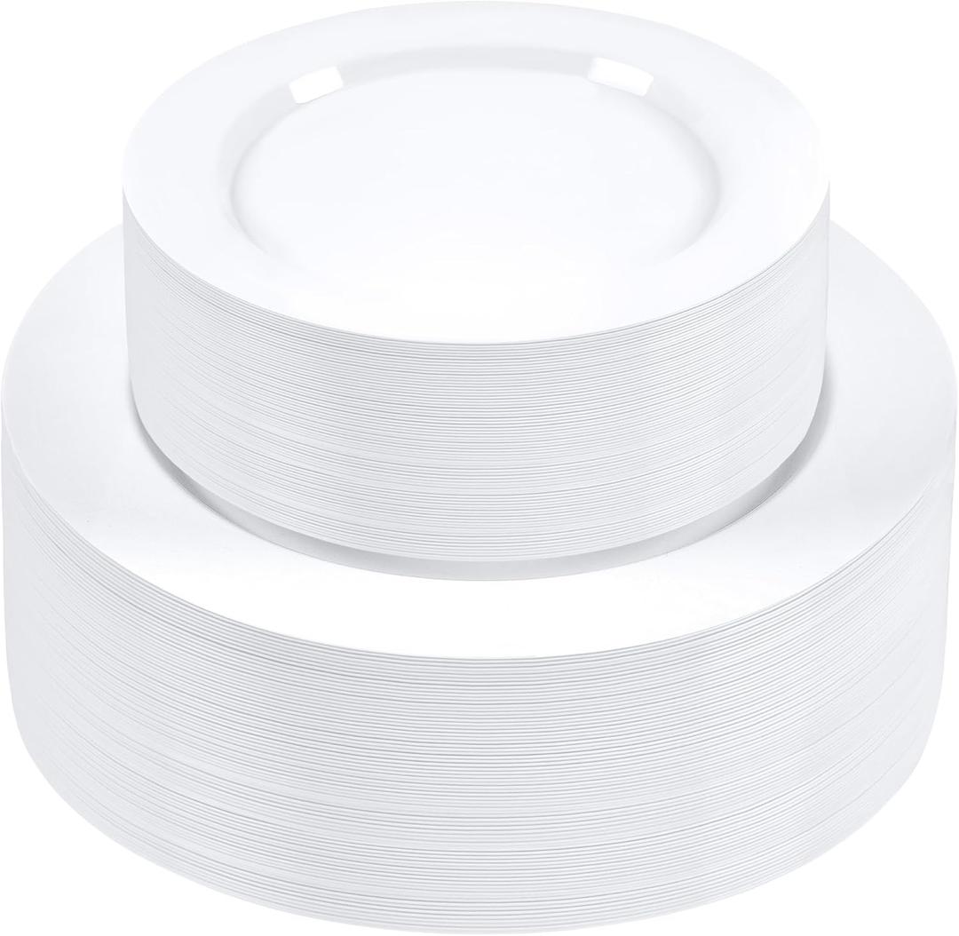 SETUP 100-Piece White Plastic Dinnerware Set – 50 10.25" Dinner & 50 7.5" Salad Plates – Heavy-Duty Disposable for Weddings, Catering, Parties