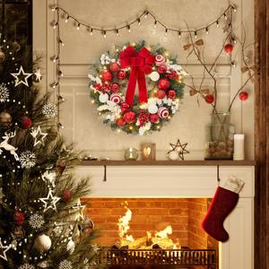 Pre-Lit Artificial Christmas Wreath for Front Door, 24 Inch Battery Operated with LED Lights, Red Bow Berries and Pine Cones for Indoor, Outdoor Holiday Decor Window, Mantel, Wall, Red