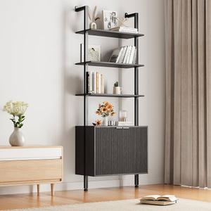 INNOD 74" Tall Bookshelf with Storage Cabinet, Modern Ladder Shelf with Wood and Metal Frame, Wall Mount Bookcase Open Display Shelf Furniture for Living Room, Bedroom, Home Office, Black