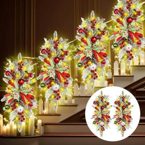 Daifunli 2 Pack Christmas Teardrop Swags with Lights 24" Prelit Christmas Stairway Elf Swag with Bow Red and Green Ball Battery Operated Swag for Xmas Stairs Indoor Outdoor Front Door Decorations