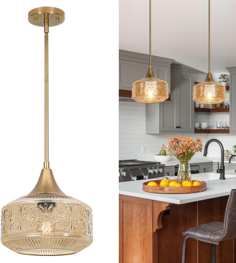 Retro Gold Pendant Lights Kitchen Island Lighting Fixture, Glass Pendant Light Large Brass with Large Thickened Amber Glass Shade, Classic Globe Pendant Light. Adjustable Hanging Light for Home Decor (9.25in)