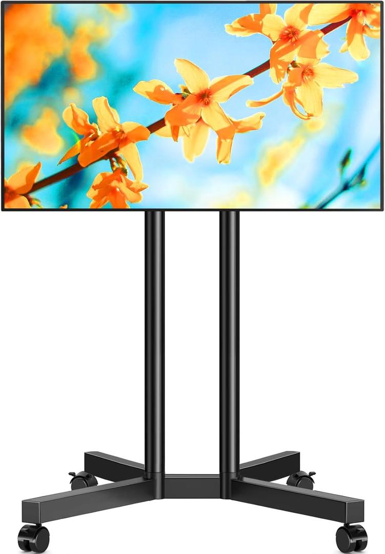 5Rcom Dual-Pole Rolling TV Stand for 32-75 inch LCD LED Flat & Curved TVs, Height Adjustable Portable TV Stand with Lockable Wheels, Mobile TV Cart up to 88lbs for Bedroom, Living Room, Outdoor
