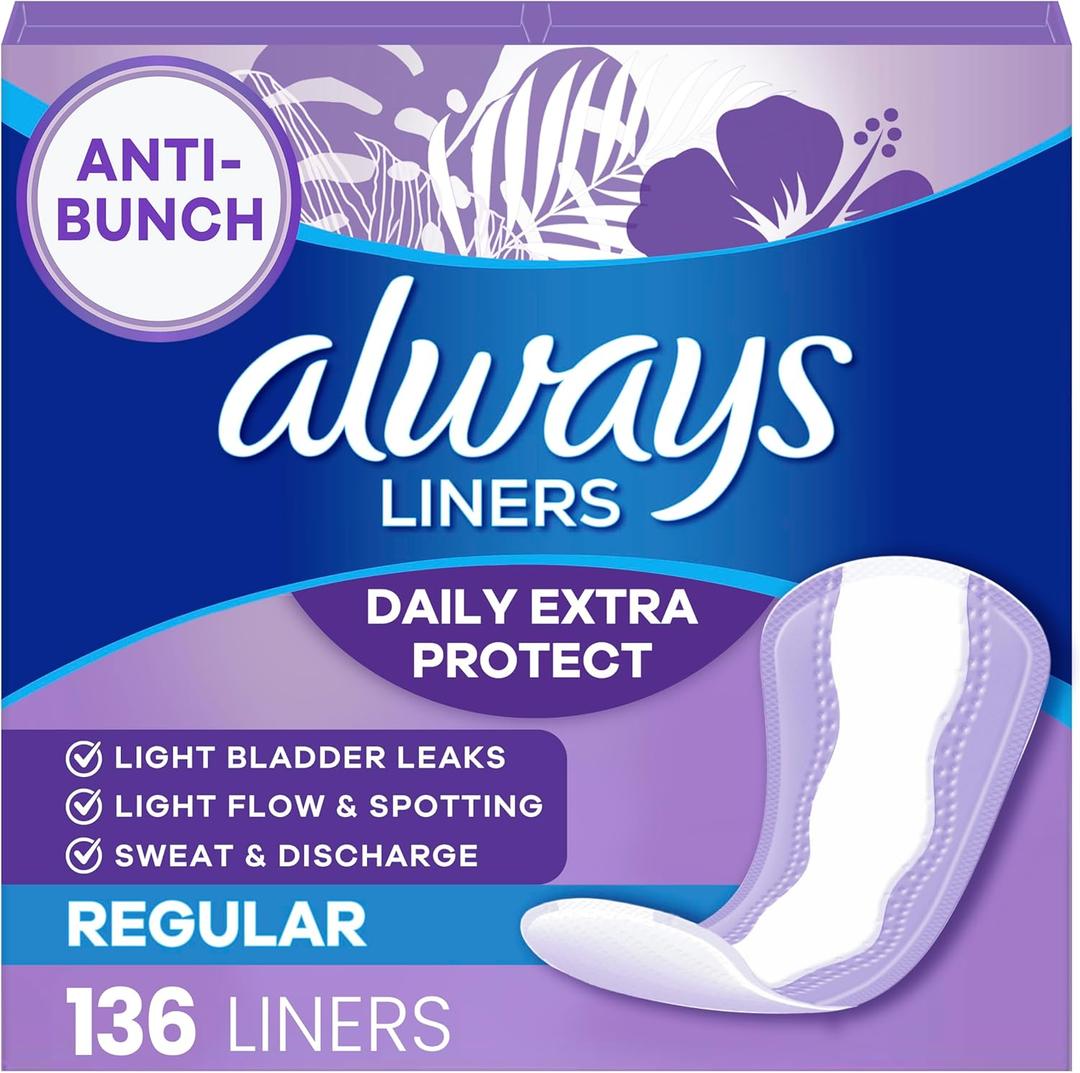 Always Panty Liners for Women Anti-Bunch Xtra Protection Daily Liners, Regular, Unscented, 136 Count