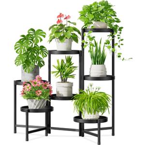 iDavosic.ly 7 Tier Large Plant Stand Indoor with 10 Inch Wide Tray, Tiered Corner Metal Outdoor Flower Display Holder Shelf, Folding Tall Rack for Patio Porch Living Room, Modern Black