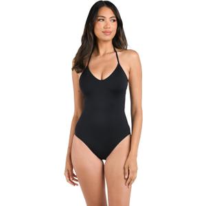 La Blanca Women's One Piece Swimsuit Scoop Front Tummy Control Island Goddess Bathing Suit (Black, L)