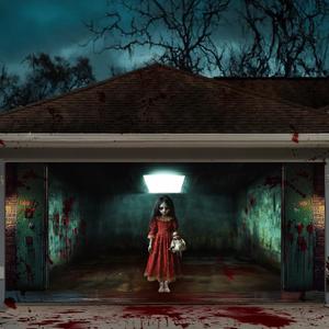 7 x 16 ft Halloween Garage Door Banner Large Scary Doll Girl Hanging Backdrop Door Cover Halloween Garage Wall Decorations for Outdoor Home Yard Party Backgrounds