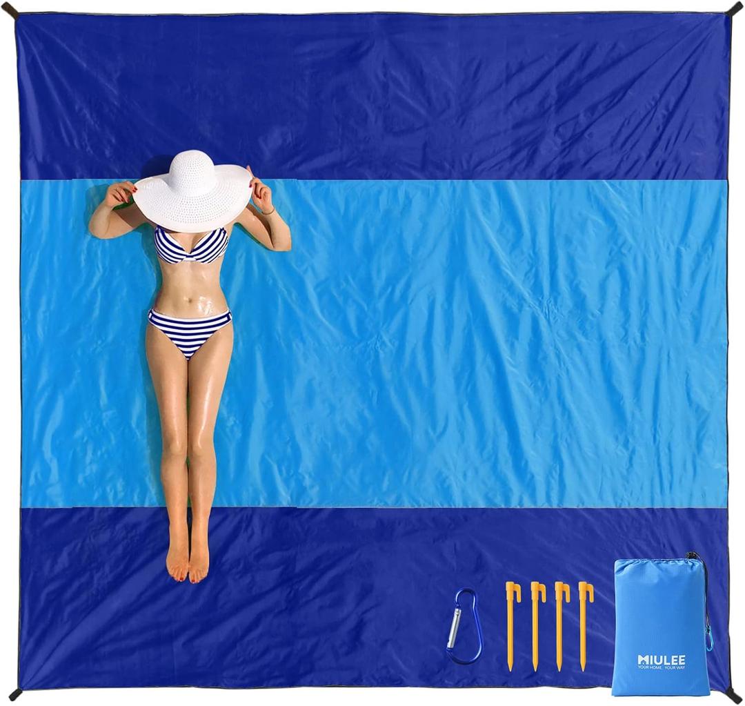 MIULEE Beach Blanket Waterproof Sandproof, Extra Large 78" x 82" Beach Mat Oversized for 4-7 Adults, Portable Beach Accessories Lightweight Outdoor Blanket for Picnic, Travel, Camping, Hiking(Blue)