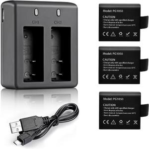 VVHOOY 3 x 1050mAh Rechargeable Action Camera Battery with USB Dual Charger Compatible with AKASO EK7000/Brave 4/V50X/Apexcam/VEMONT/Dragon Touch Vision 3/REMALI CaptureCam/Jadfezy Action Camera