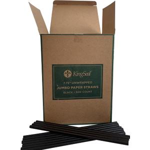 600 Count | Kingseal FSC Certified Disposable Paper Drinking Straws, BLACK, Unwrapped, 7.75 inch Length x 0.6mm diameter, "Jumbo" Size, Biodegradable, Earth Friendly, Bulk Pack - 600 Straws per Box