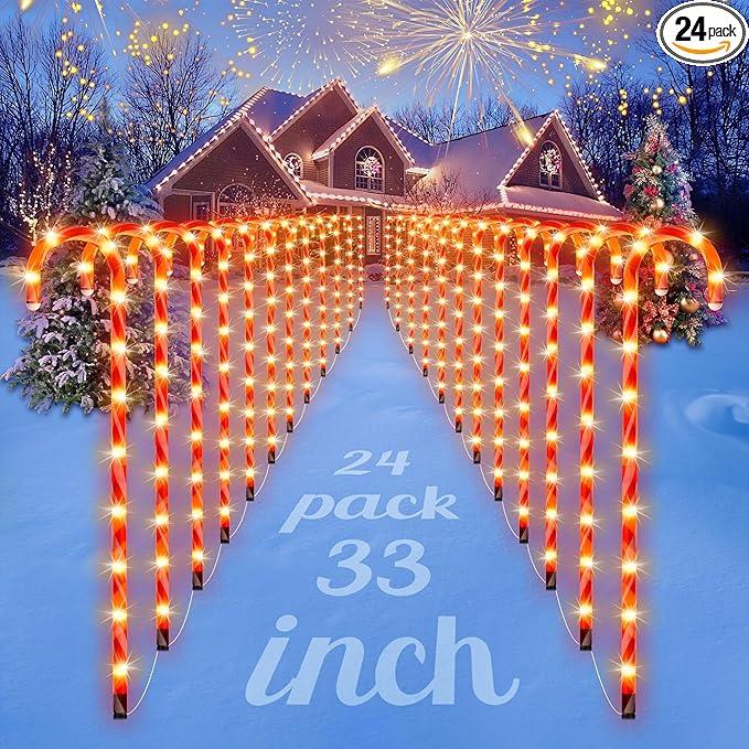 COOLWUFAN 24 Pack Chrismas Candy Cane Lights, 33'' Light Up Candy Cane Chrismas Decoration Outdoor Yard, Waterproof Xmas Outside Decor Pathway Lights