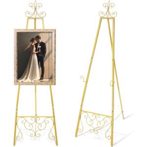 Gold Easel Stand for Wedding Sign, 55'' Adjustable Vintage Scroll Floor Display Stand with Chain Support for Welcome Poster, Art, Photo, Decorative Event Display (55'' X 18.25'')
