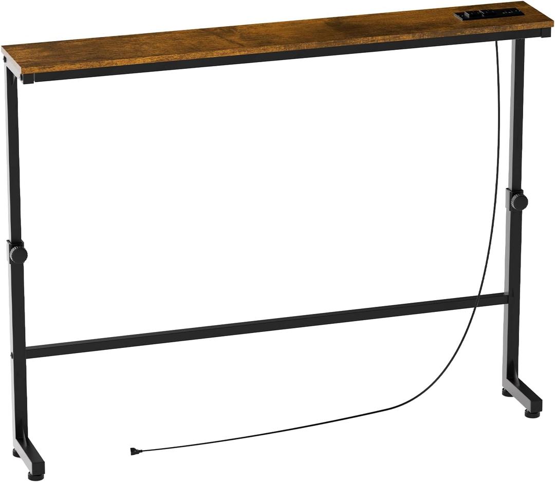 Aduanbang Adjustable Height Narrow Console Table with 2 Power Outlets, 39.4" Long x 5.9" Wide, Slim Behind Sofa Table, Rustic Brown Ideal for Living Room, Entryway, or Hallway