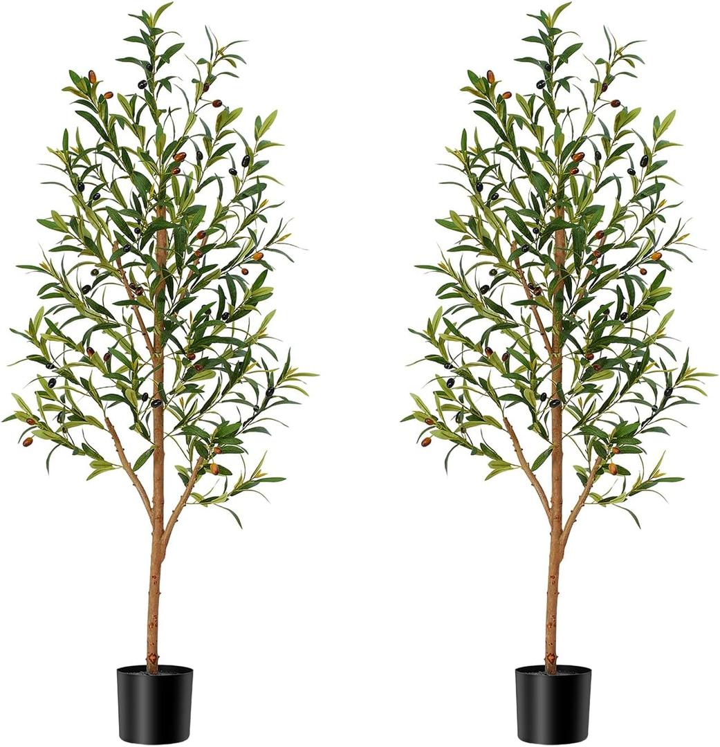 5ft Artificial Olive Tree, Fake Olive Tree with 420 Lifelike Olive Leaves and 30 Fruits, Faux Olive Silk Plants with Natural Wood Trunk in Pot for Living Room Bedroom Office Decor 2packs
