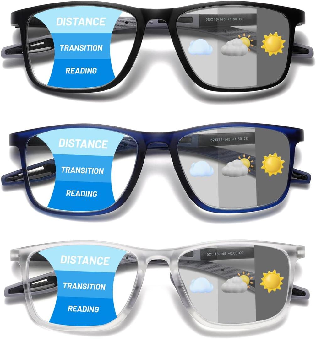Hubeye Photochromic Progressive Reading Glasses for Men and Women Ultralight Flexible Anti-Blue Light Readers Navy blue+Clear+Black+2.0