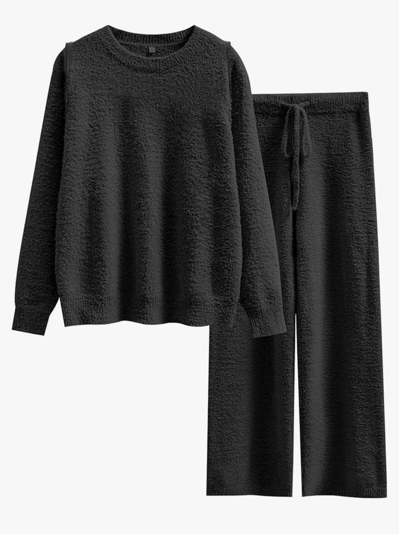 ANRABESS Women's Fuzzy Fleece Pajama Sets 2 Piece Outfits Long Sleeve Top Wide Leg Pants Lounge Matching Set 2025 Fall Winter M