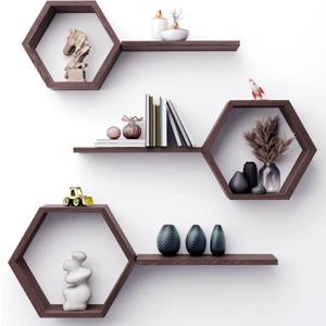 Hexagon Floating Shelves Set of 6 Honeycomb Shelves for Wall, Wooden Hexagon Shelves for Farmhouse Storage (Rustic Brown)