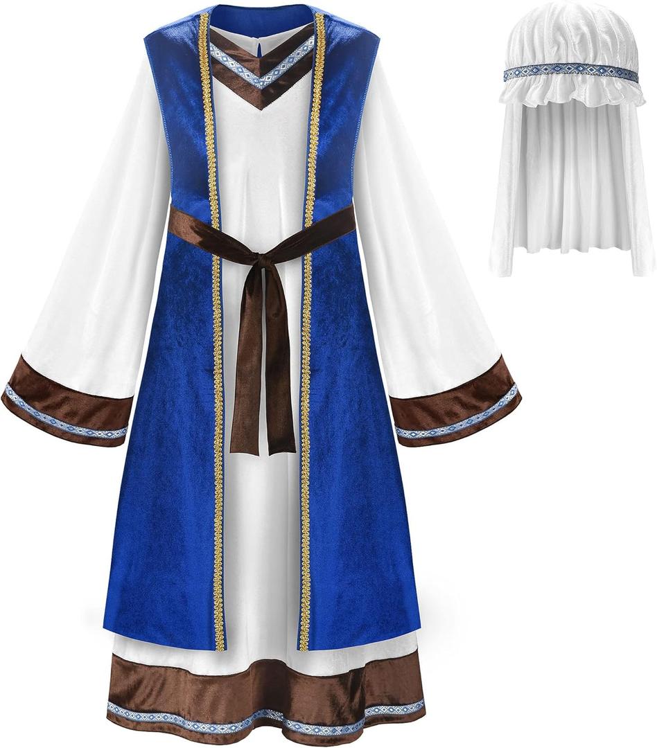 ReliBeauty Boys Saint Joseph Shepherd Costume for Kids with Vest and Headpiece (12/150, White)