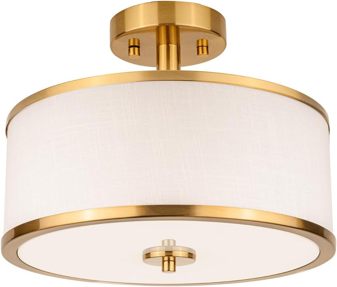  3-Light Semi Flush Mount Ceiling Light Fixture, 12.6" Gold Drum Light with White Fabric Shade, Modern Close to Ceiling Light for Living Room Bedroom Dining Room Kitchen Hallway Entry Foyer