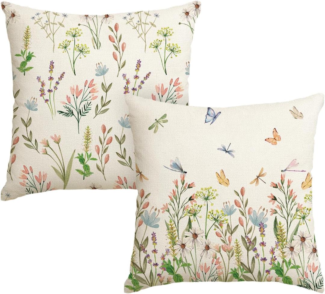 AVOIN colorlife Spring Wildflowers Throw Pillow Covers Set of 2, 18 x 18 Inch Flower Holiday Cushion Case Decoration for Sofa Couch