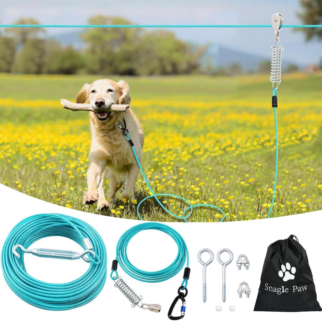 Snagle Paw Dog Runner for Yard,Heavy Duty Trolley System for Large Dogs,Dog Tie Out Run Cable, Zip line 100ft with 10ft Pulley Runner Line for Dogs Up to 250lbs for Yard or Camping