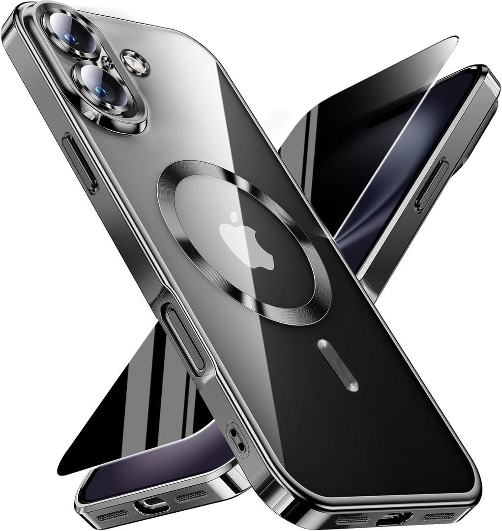 WEYNRBOX Magnetic for iPhone 17 Case with Privacy Screen Protector & Full Camera Cover,[Non-Yellowing] Shockproof Clear Phone Case Compatible with MagSafe Women Girls for iPhone17,Black