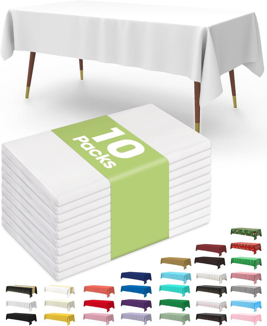 Pureegg Plastic Table Cloth Disposable 10 Pack, 54 x 108 Inch Table Cloths for Parties, Decorative Tablecloths for Rectangle Tables, White Plastic Cover, Leakproof & Sturdy, White (54" X 108" Rectangle)