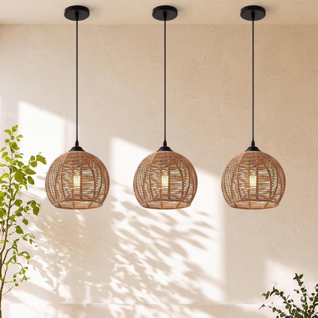 3 Pack Paper Rope Woven Pendant Light, Boho Wicker Pendant Lights, 8.66 x 8.66 x 6.30 inches
