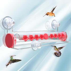Window Hummingbird Feeder,Suction Cup Hummingbird Feeder for Window with 10 Ant-Proof Feeding Ports and Perches, Close-up Viewing Clear Tube Window Bird Feeder, Easy to Fill and Clean